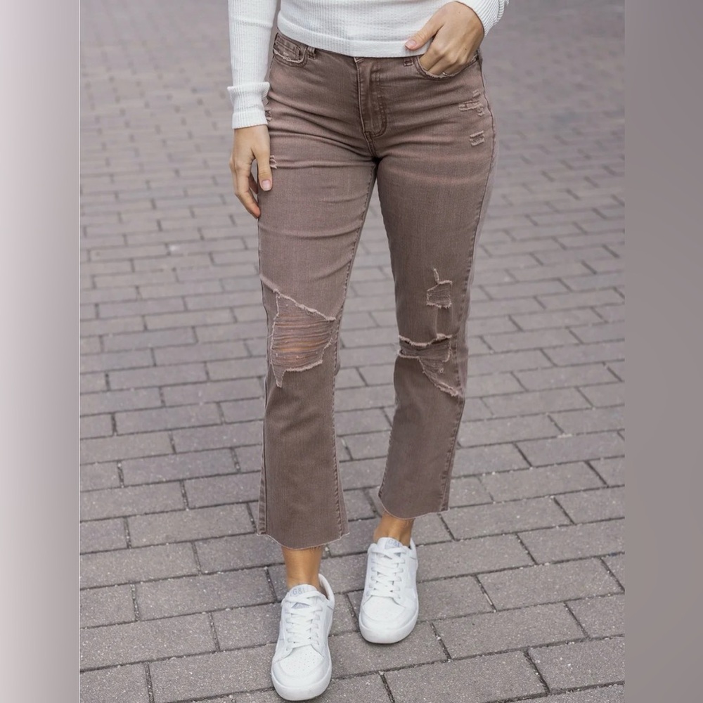 Grace & Lace Distressed Cropped Straight Leg Colored Denim in Vintage Wine